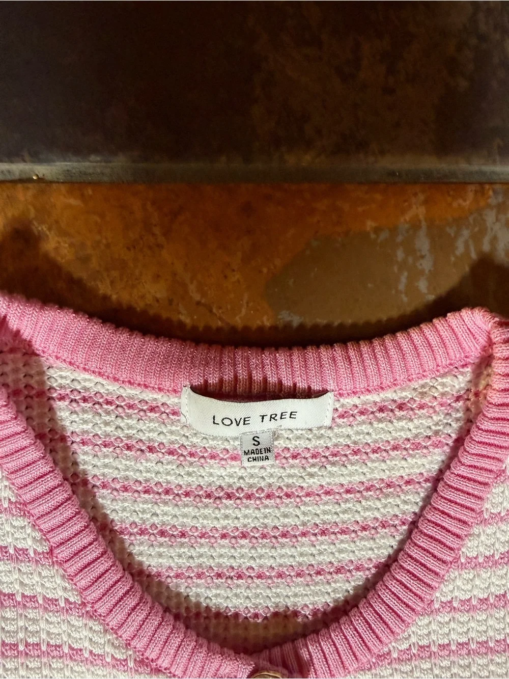 Love Tree Pink & White Striped Sleeveless Button Cardigan